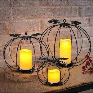 Halloween Metal Pumpkin Candle Holders 3 Pcs Light up Black Pumpkin Lantern with